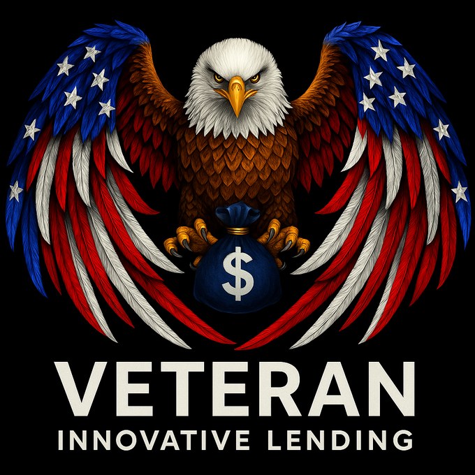 Veteran Innovative Lending: a bald eagle with American flag wings clutching a money bag